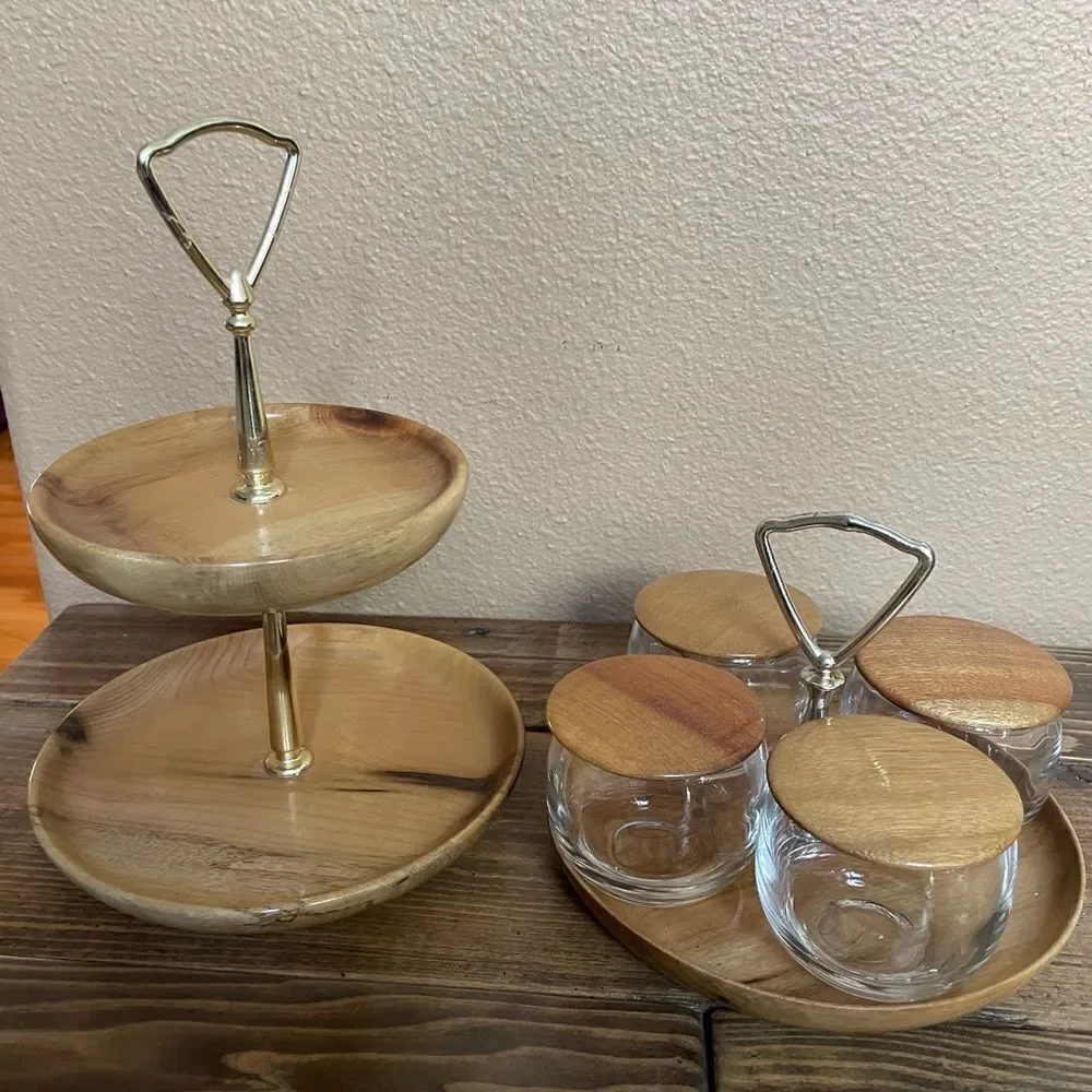 MCM Myrtlewood Vintage Condiment Set with Two Tiered Myrtlewood Snack Service